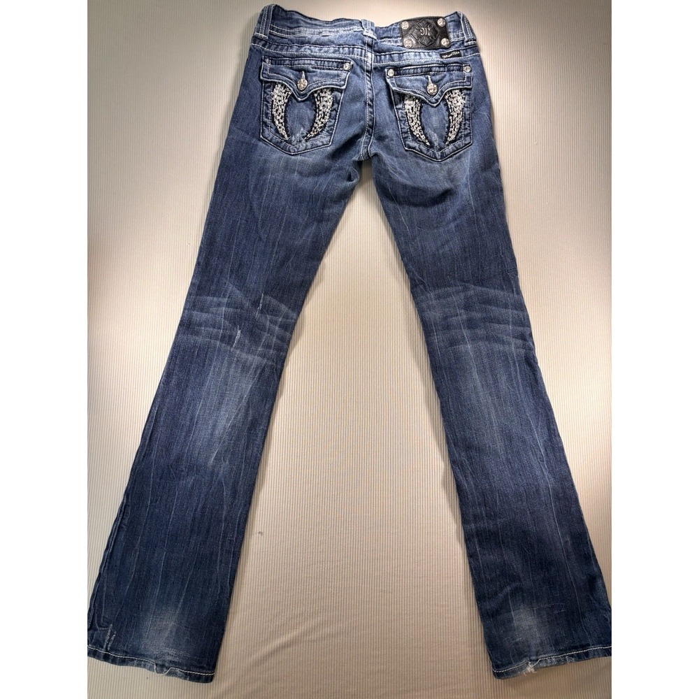Women's Miss Me Bootcut Jeans Size 28 Dark Blue Distressed 33 Inseam Cowgirl - Picture 9 of 12